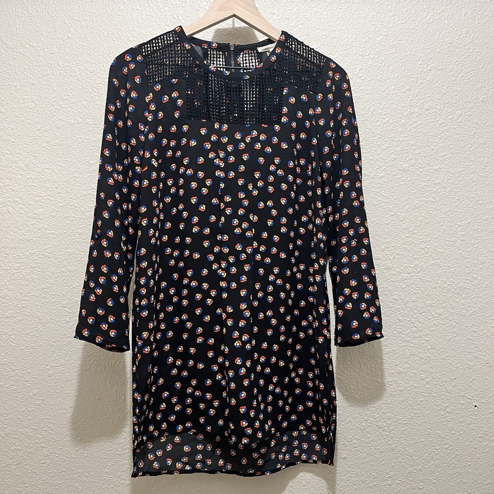 Meadow Rue Anthropologie Women XS Black Printed Crochet Tunic 70s Boho Hippie